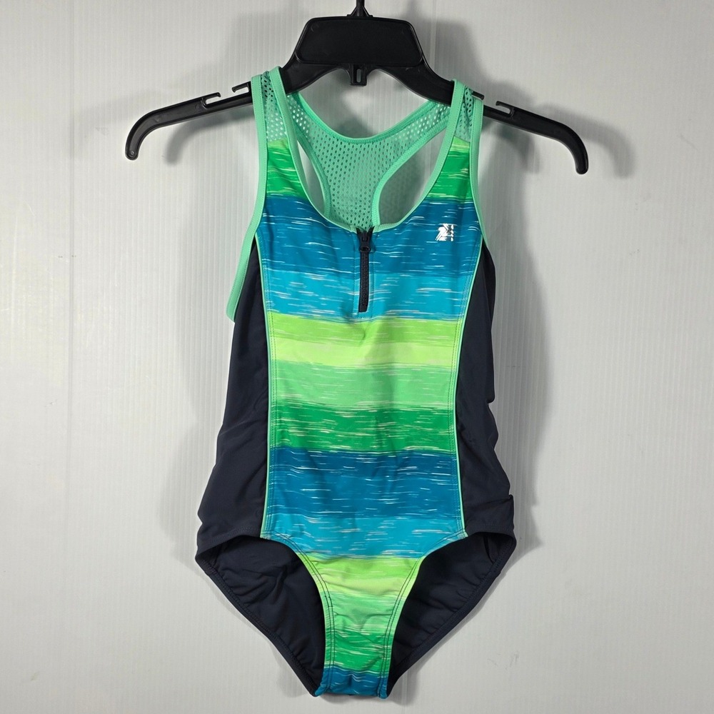 ZeroXposur Girls One Piece Swimsuit Striped Mesh Racerback Navy Green Size L 14
